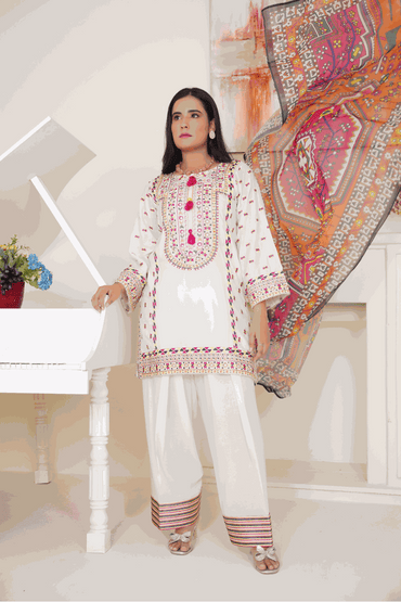 3 Pcs Pearl White Embroidered Lawn Suit