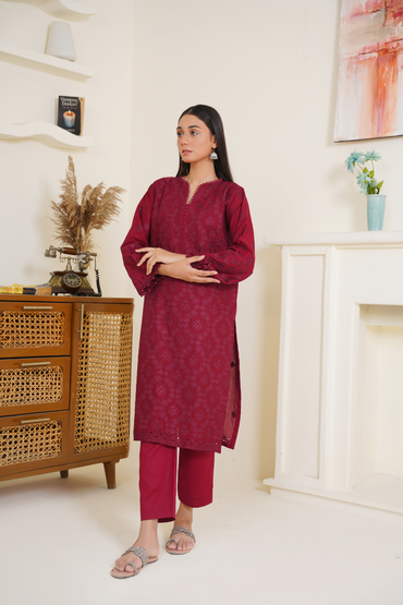 Ready To Wear 03-Piece Lawn Embroidered Suit Maroon