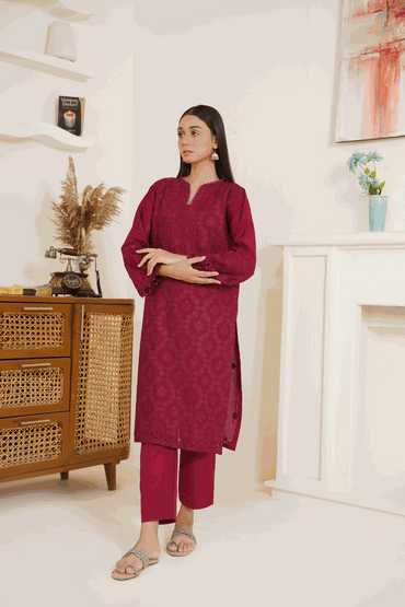 Ready To Wear 03-Piece Lawn Embroidered Suit Maroon