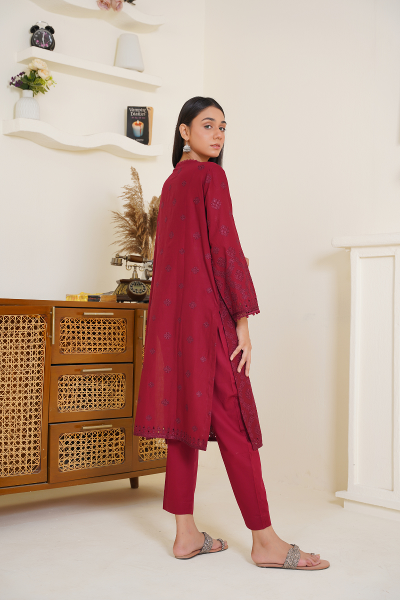 Ready To Wear 03-Piece Lawn Embroidered Suit Maroon