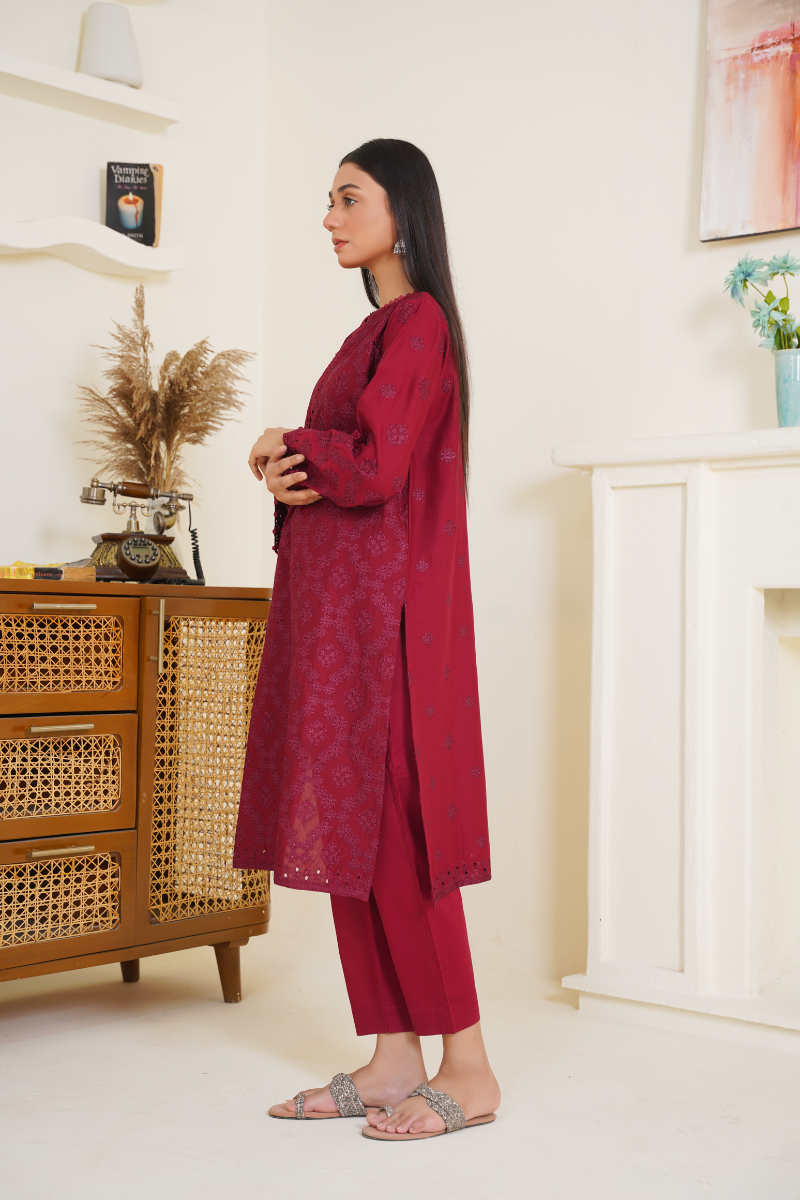 Ready To Wear 03-Piece Lawn Embroidered Suit Maroon