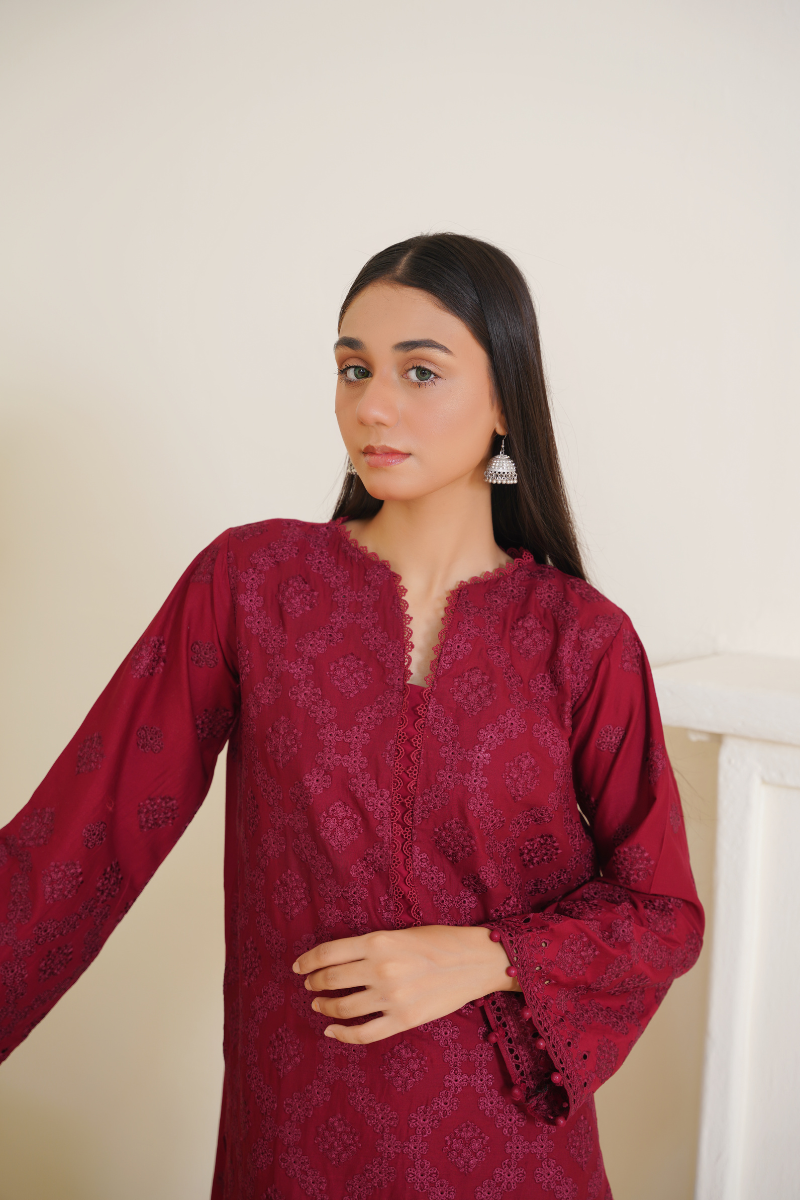 Ready To Wear 03-Piece Lawn Embroidered Suit Maroon