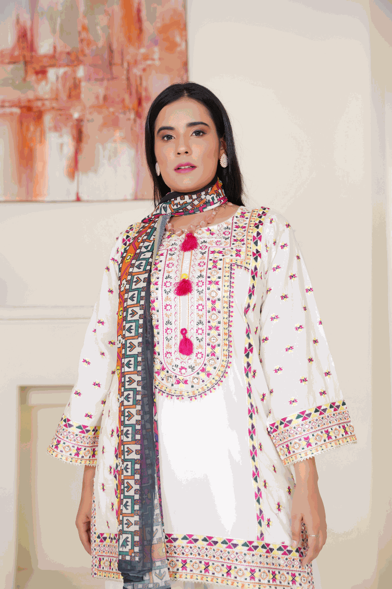 3 Pcs Pearl White Embroidered Lawn Suit