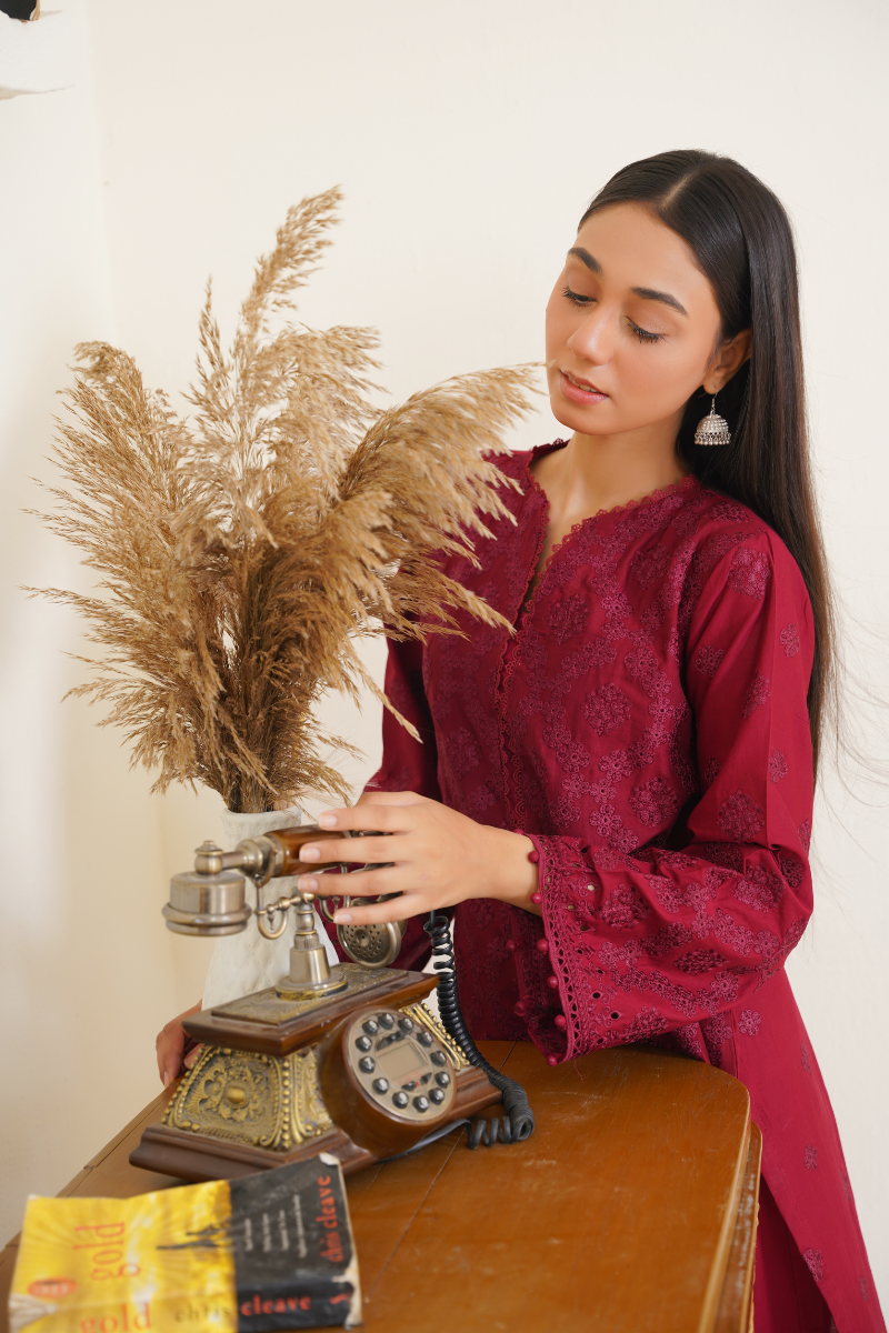 Ready To Wear 03-Piece Lawn Embroidered Suit Maroon