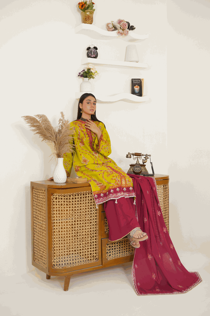 Vibrant Lime Yellow & Maroon Embroidered Lawn 3-Piece Suit
