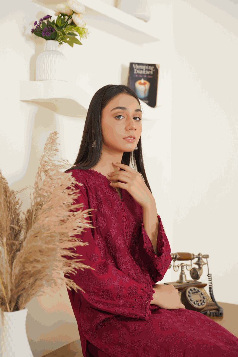 Ready To Wear 03-Piece Lawn Embroidered Suit Maroon