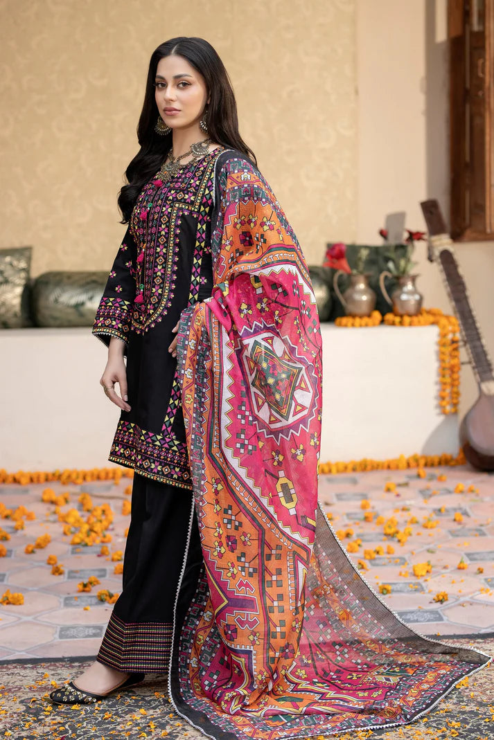 3 Pcs Black Embroidered Lawn Suit