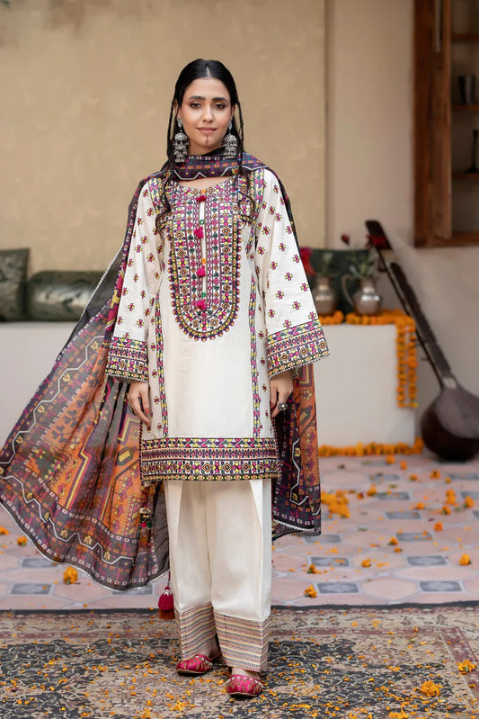 3 Pcs Pearl White Embroidered Lawn Suit