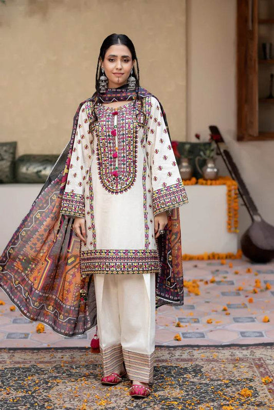 Pearl white embroidered lawn suit with shuttle laces and tilla dori neckline, featuring khaddi net dupatta and lawn trousers