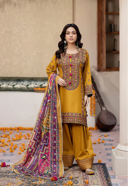 3 PC Honey Gold Luxury Embroidered Lawn Suit