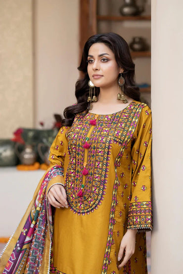 3 PC Honey Gold Luxury Embroidered Lawn Suit