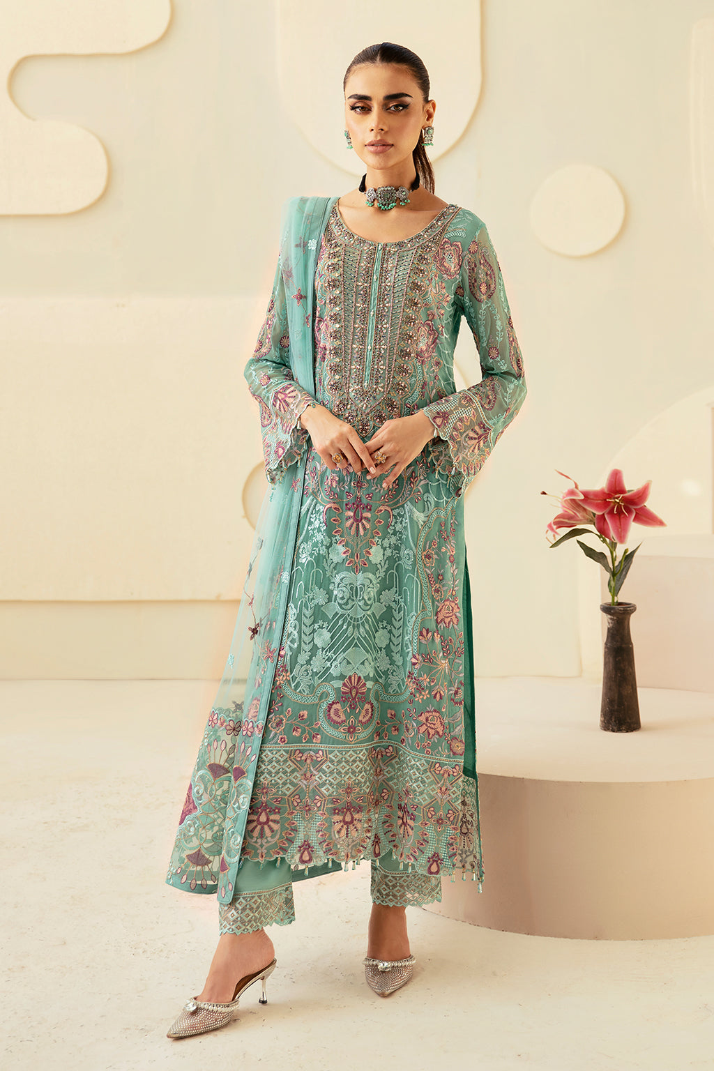 Dastoor P-107. 3 Piece Embroidered Dress