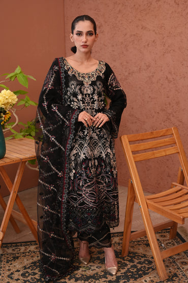 3 - Piece  Black Luxury Heavily Embroidered Lawn Suit