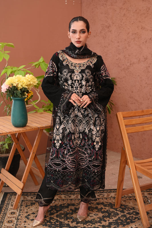 3 - Piece  Black Luxury Heavily Embroidered Lawn Suit