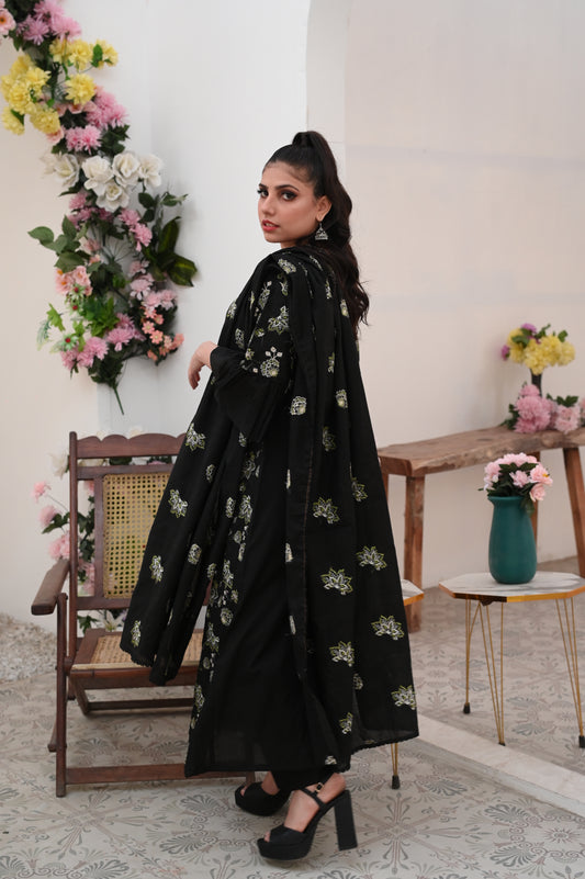 Black Floral Embroidered 3-Piece Lawn Suit