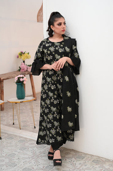 Black Floral Embroidered 3-Piece Lawn Suit