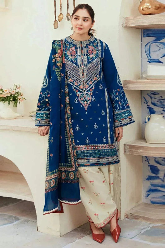ZS Ready to Wear embroidered blue lawn dress with printed dupatta and embroidered beige trousers