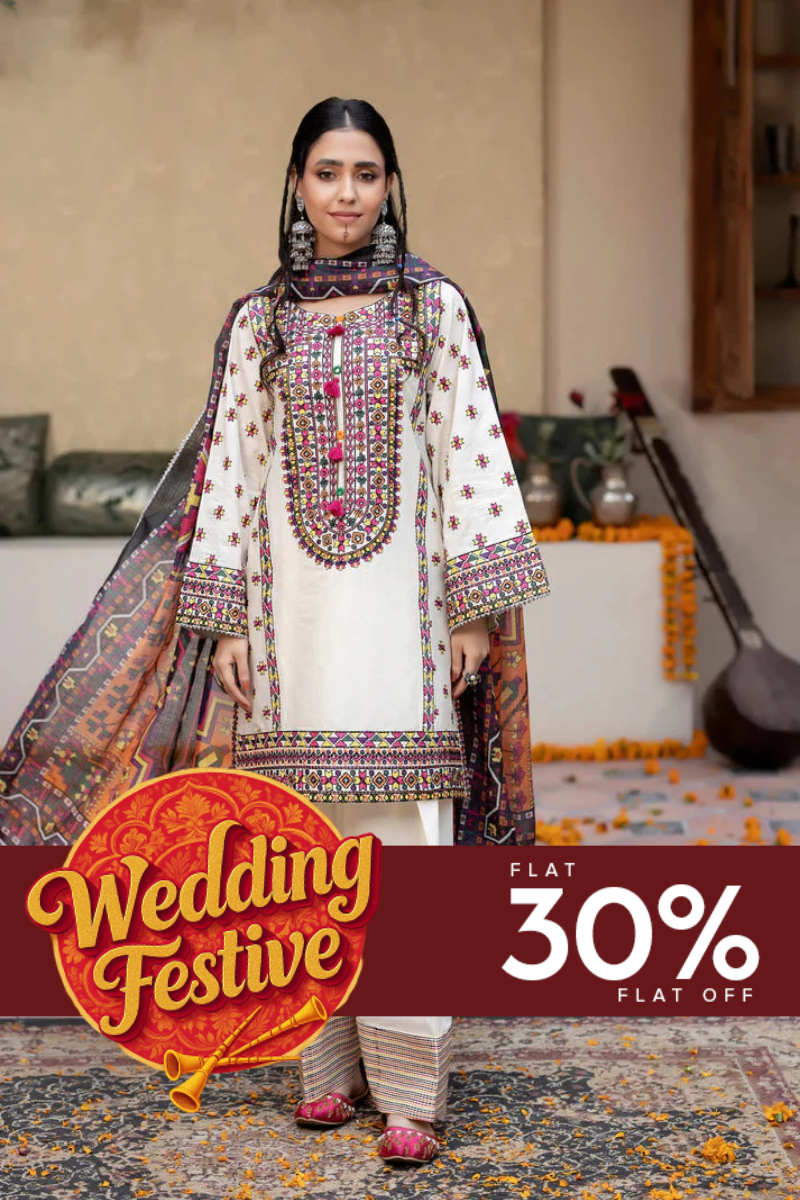 3 Pcs Pearl White Embroidered Lawn Suit