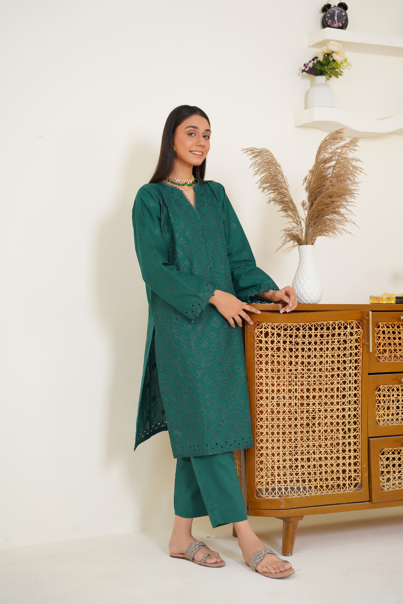 03-Piece Lawn Embroidered Suit Dark Green