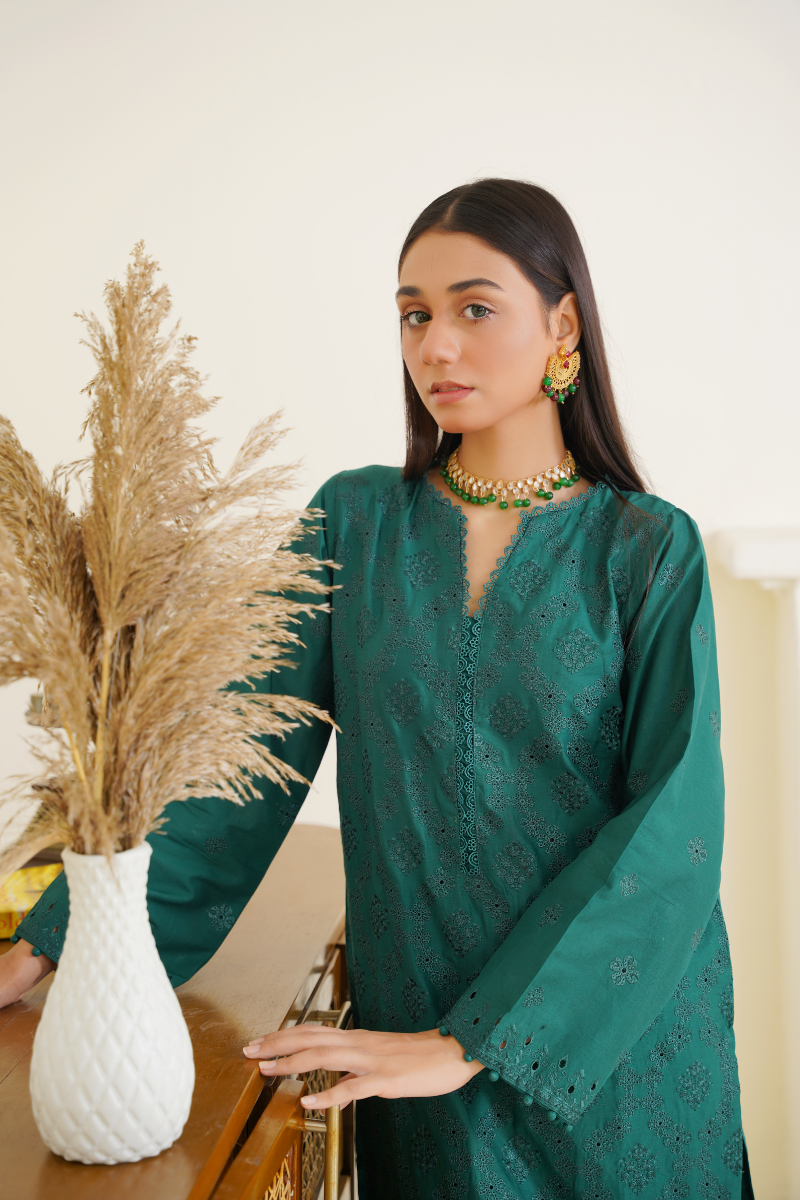 03-Piece Lawn Embroidered Suit Dark Green