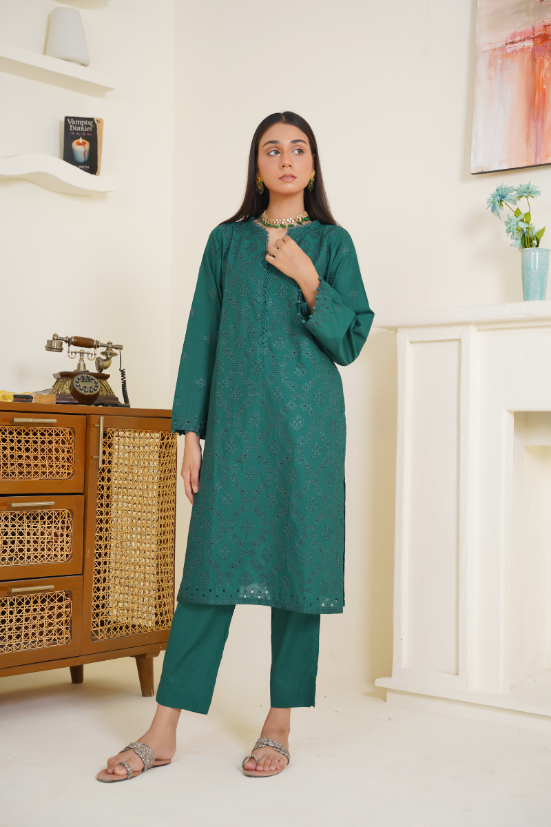 03-Piece Lawn Embroidered Suit Dark Green