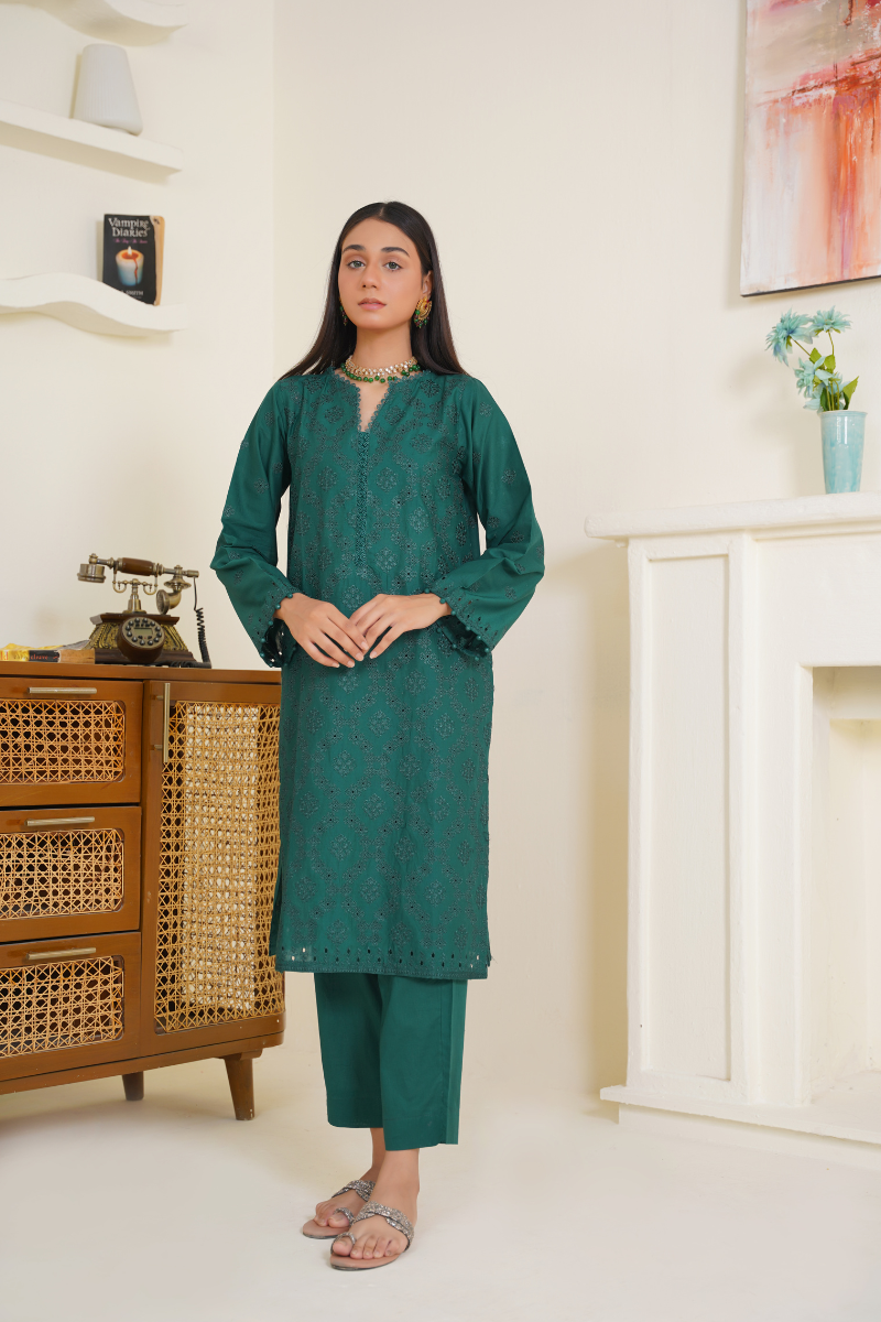 03-Piece Lawn Embroidered Suit Dark Green