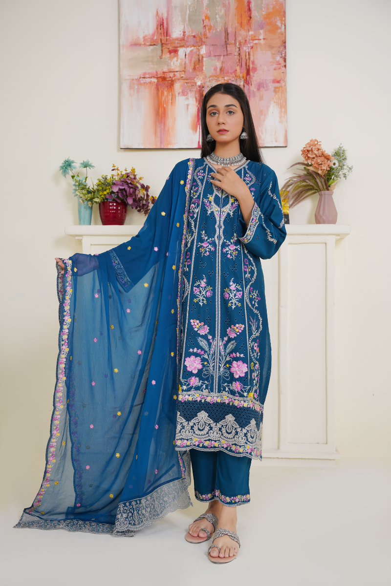 03-Piece Lawn Embroidered Suit Blue Ready to Wear