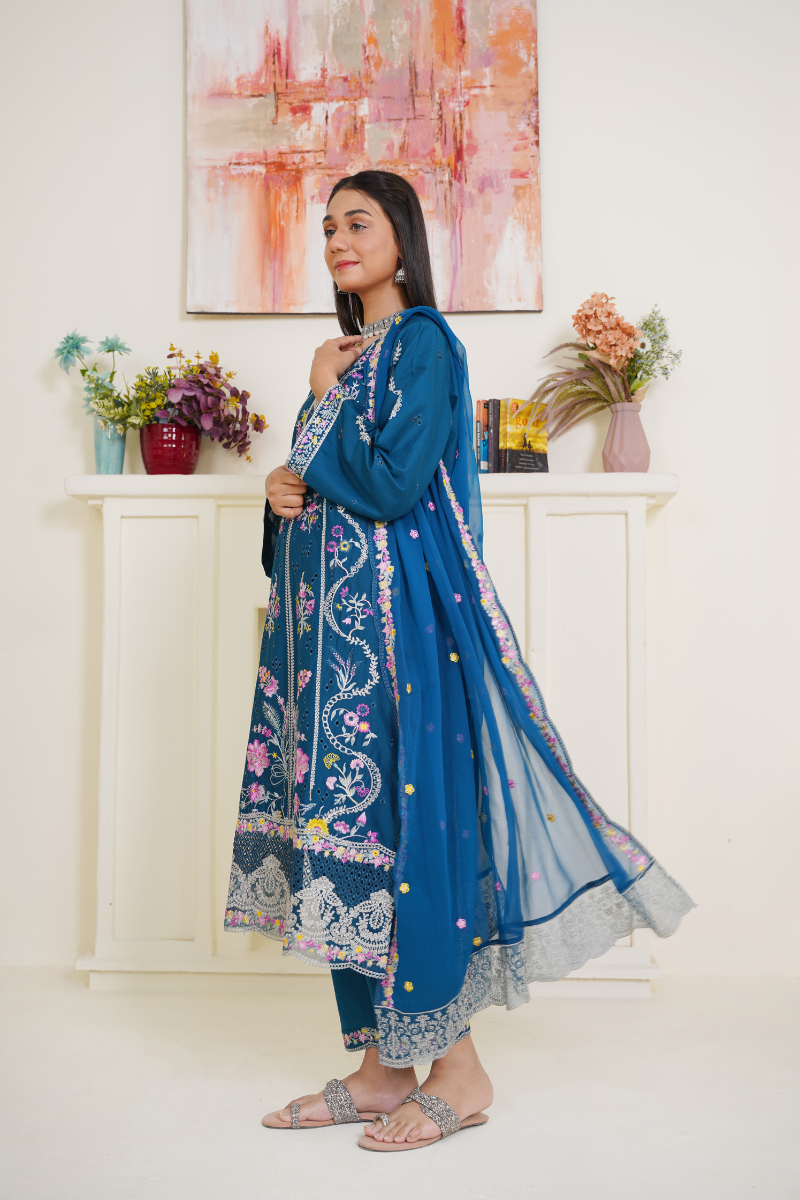 03-Piece Lawn Embroidered Suit Blue Ready to Wear