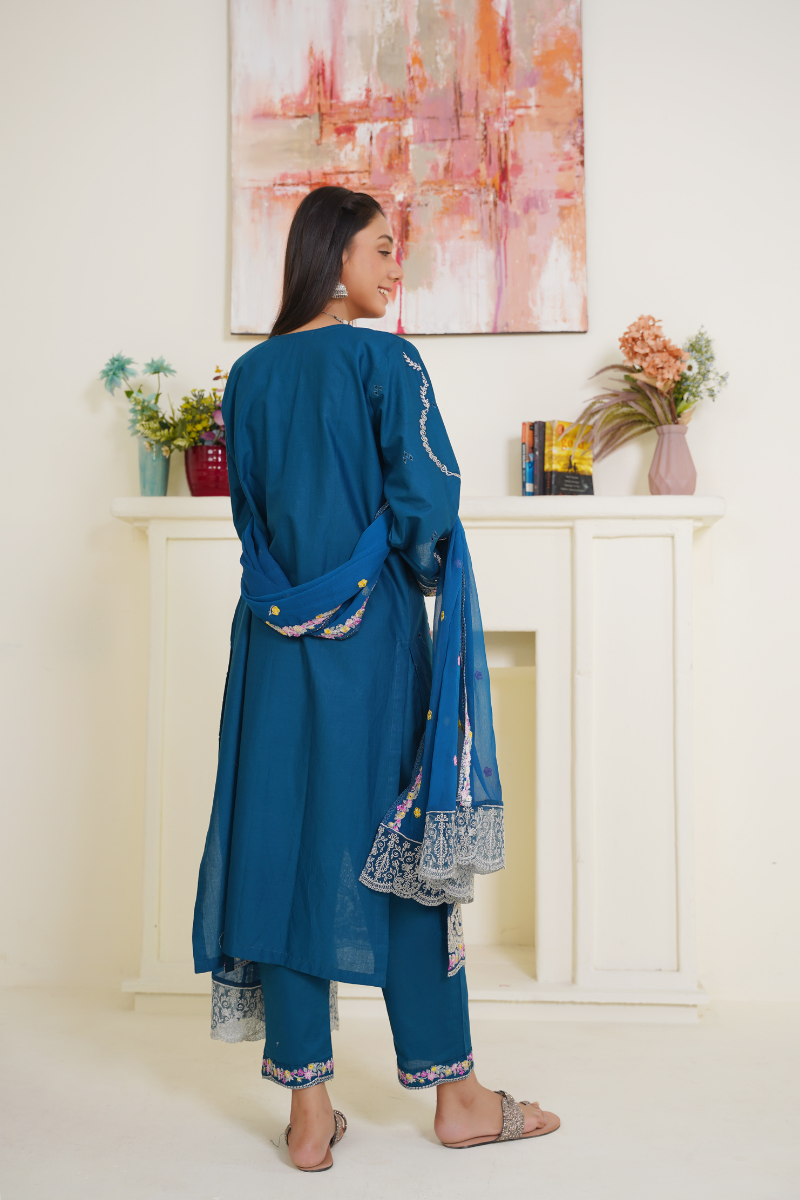 03-Piece Lawn Embroidered Suit Blue Ready to Wear