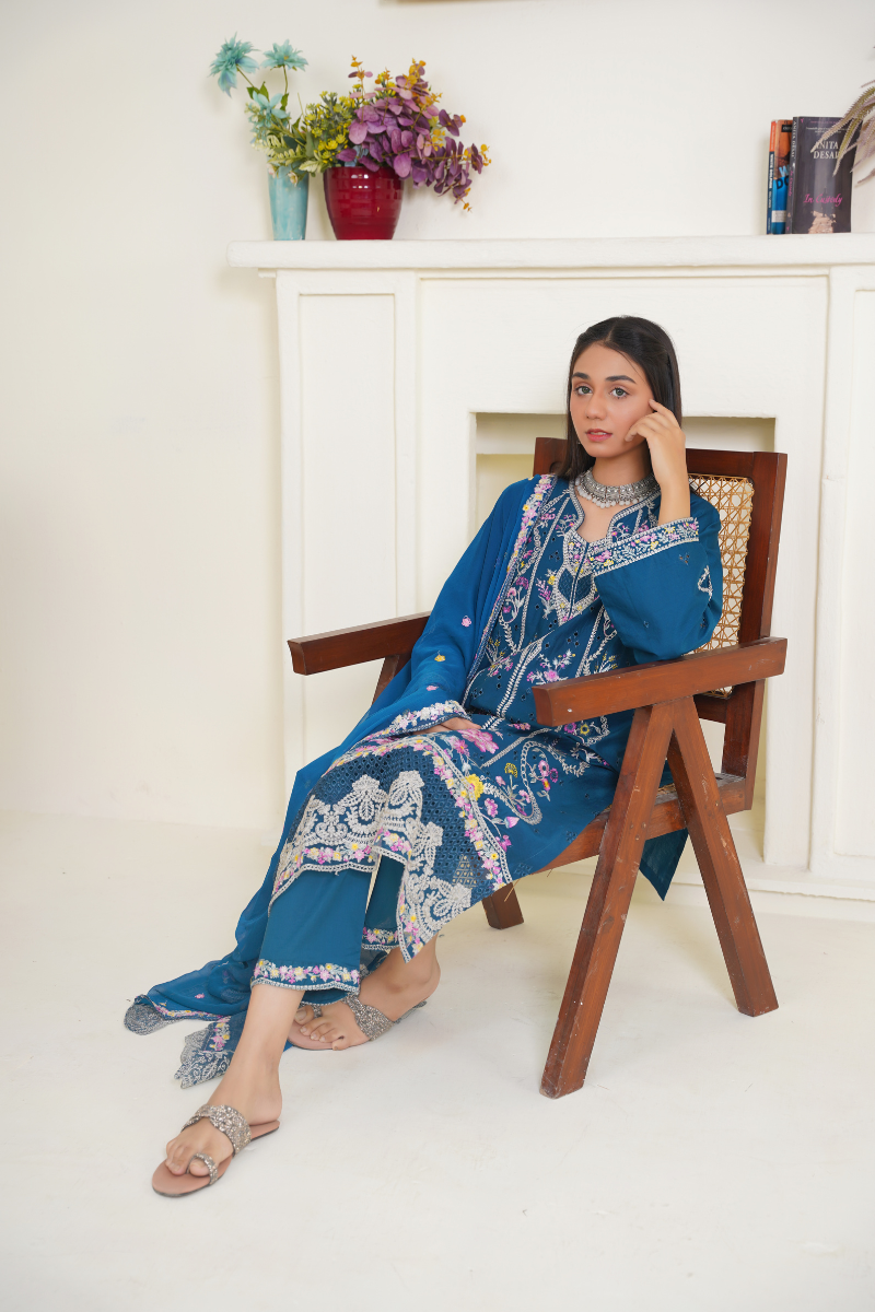 03-Piece Lawn Embroidered Suit Blue Ready to Wear