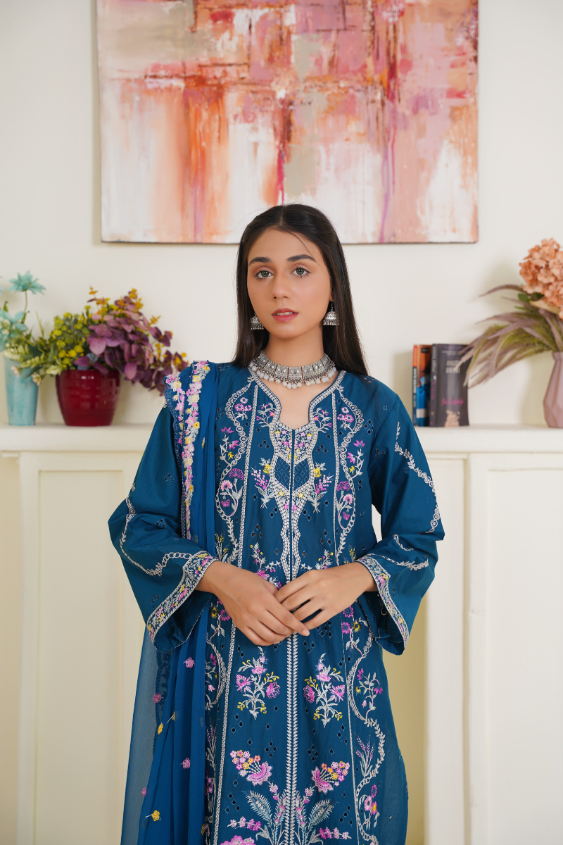 03-Piece Lawn Embroidered Suit Blue Ready to Wear