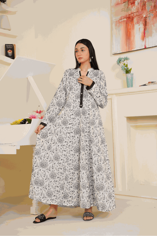 02-Piece Ready to Wear embroidered lawn Anarkali gown with lawn trouser and net dupatta