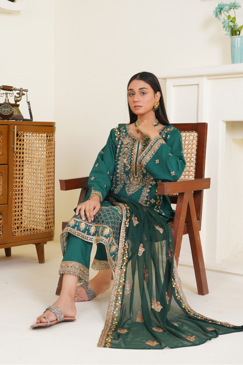 Ready To Wear 03-Piece Lawn Embroidered Suit Dark Green