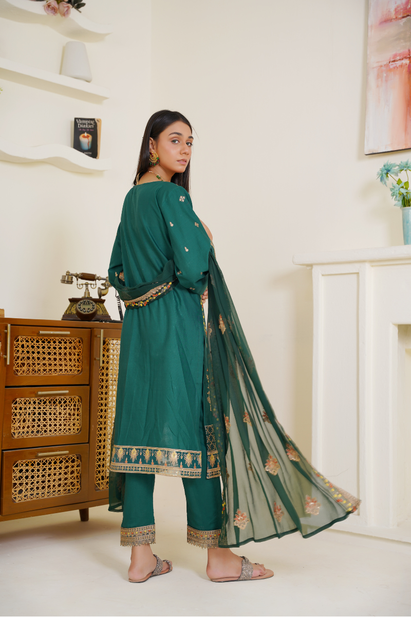Ready To Wear 03-Piece Lawn Embroidered Suit Dark Green