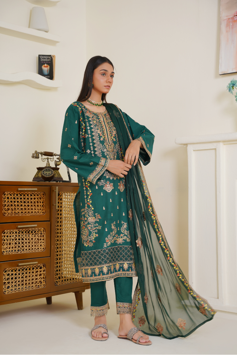 Ready To Wear 03-Piece Lawn Embroidered Suit Dark Green