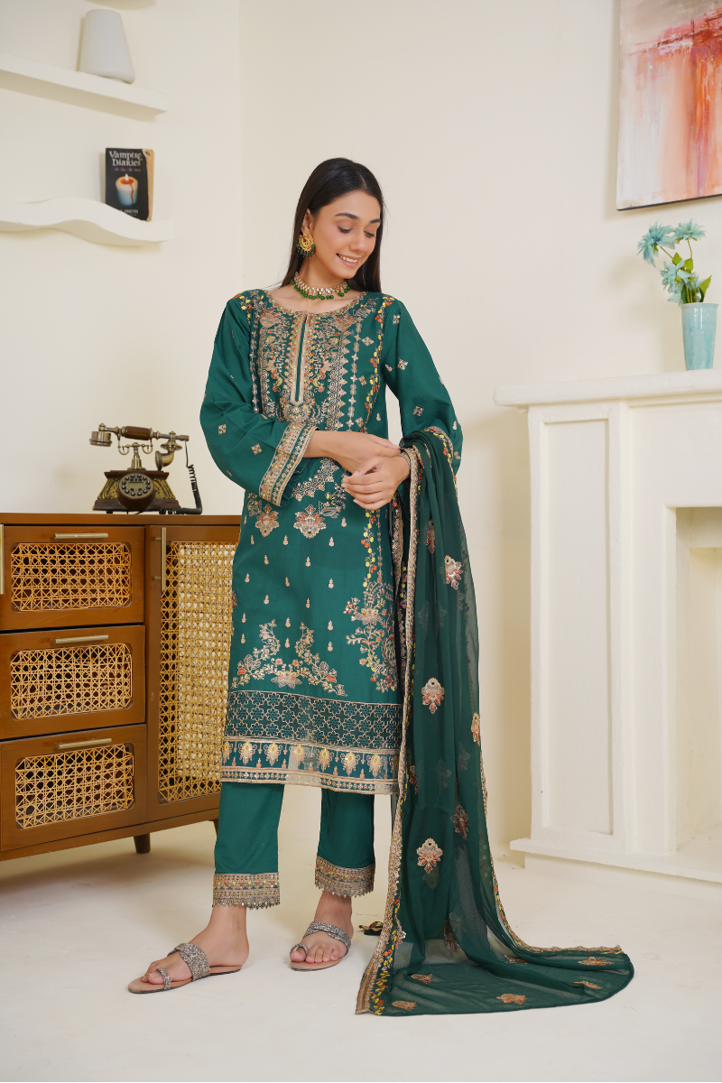 Ready To Wear 03-Piece Lawn Embroidered Suit Dark Green