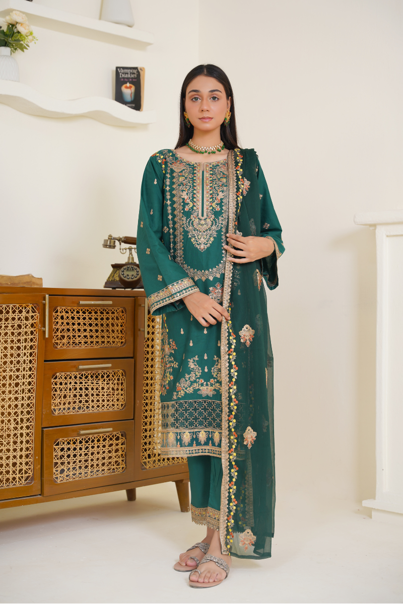Ready To Wear 03-Piece Lawn Embroidered Suit Dark Green