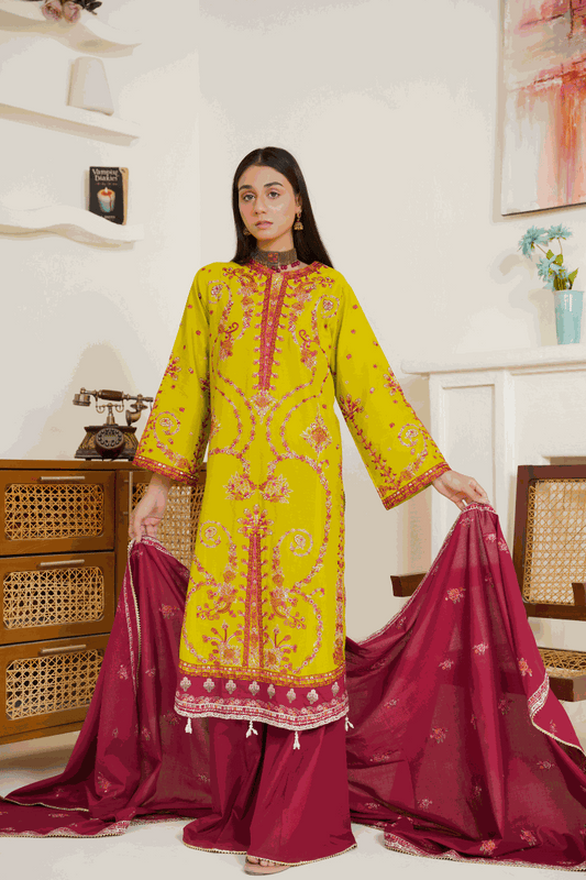 Vibrant lime yellow embroidered lawn suit with maroon trousers and dupatta