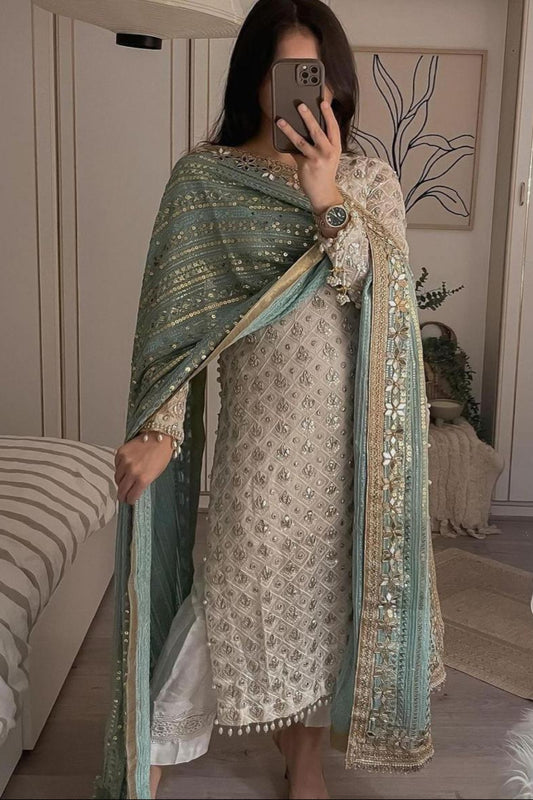 Pure Faux Georgette Top & Dupatta Set With Pant Light Green