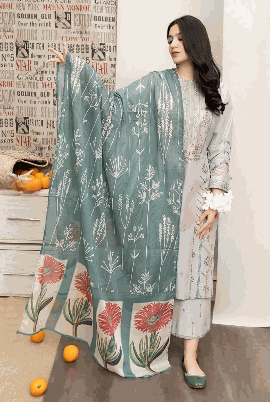 3PC LAWN EMBROIDERED SHIRT WITH MANAAR PRINTED DUPATTA AND EMBROIDERED SUIT