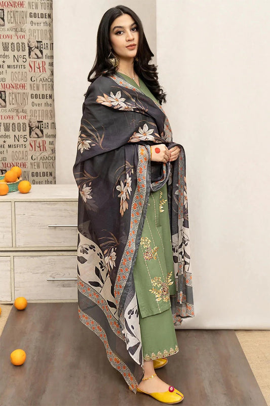 3PC LAWN EMBROIDERED SHIRT WITH MANAAR PRINTED DUPATTA AND EMBROIDERED SUIT & TROUSER