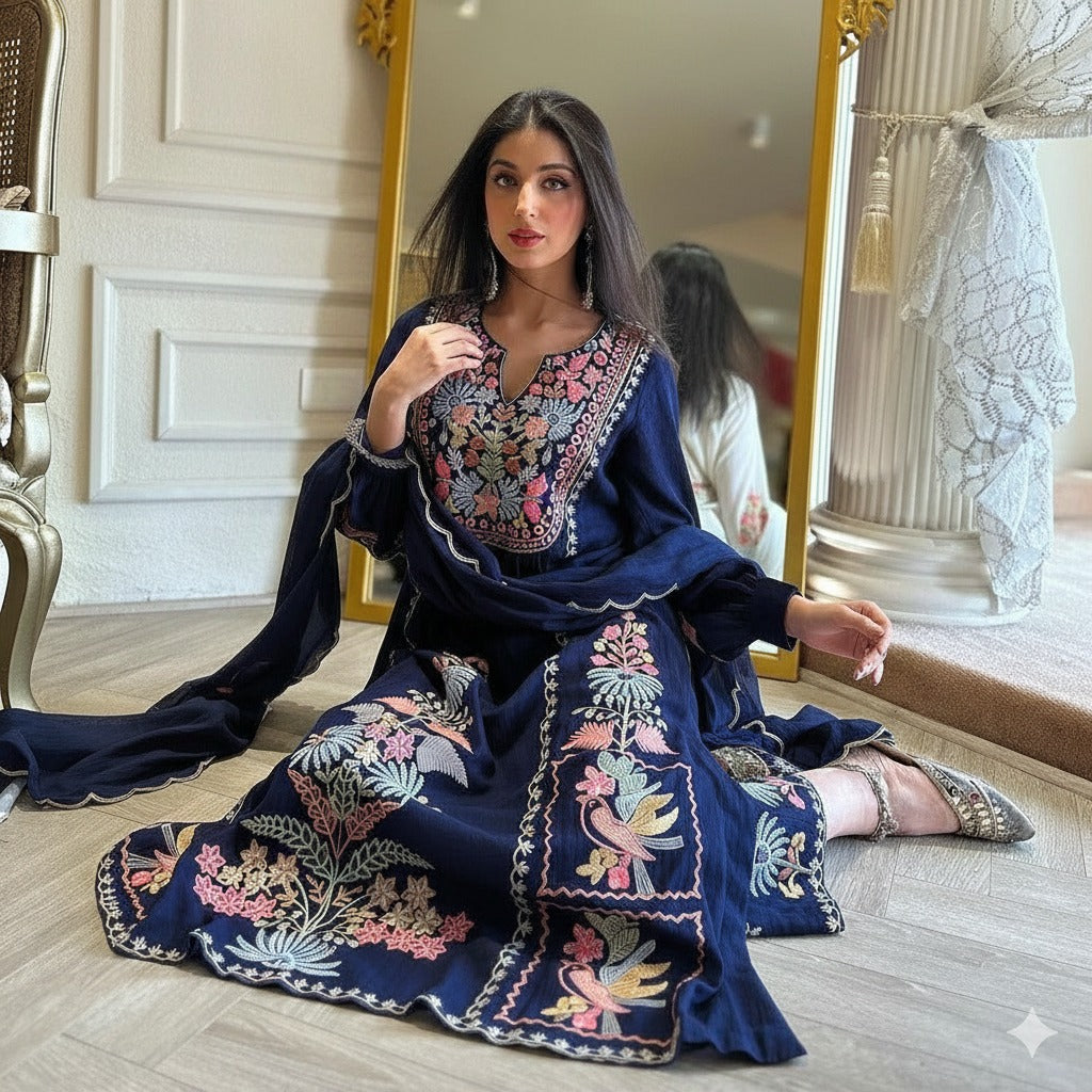 Indian Pakistani Ready to Wear Embroidered Frock 3 Pc Suit