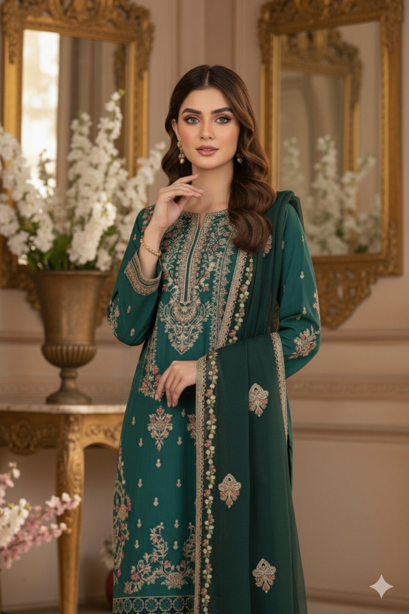 Ready To Wear 03-Piece Lawn Embroidered Suit Dark Green