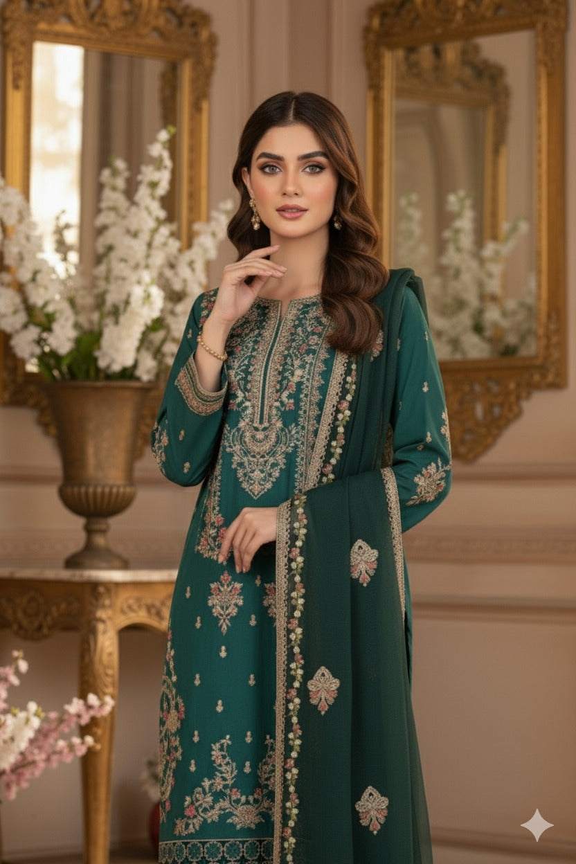 Ready To Wear 03-Piece Lawn Embroidered Suit Dark Green