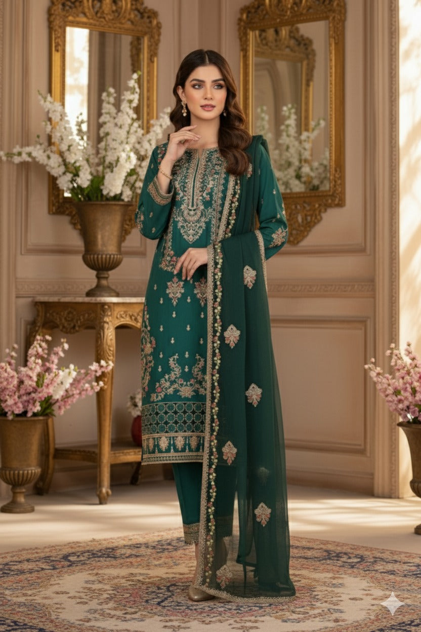 Ready To Wear 03-Piece Lawn Embroidered Suit Dark Green