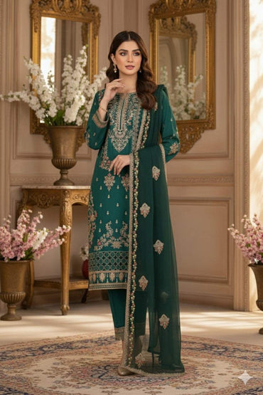 Ready To Wear 03-Piece Lawn Embroidered Suit Dark Green