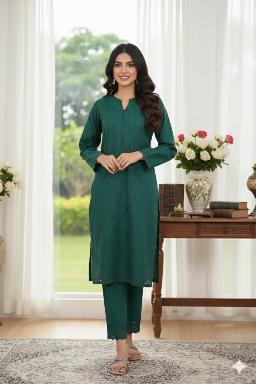 03-Piece Lawn Embroidered Suit Dark Green