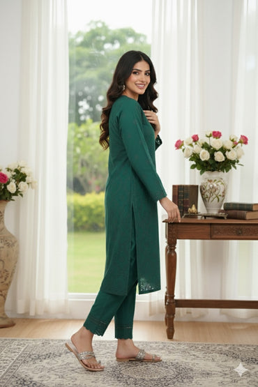 03-Piece Lawn Embroidered Suit Dark Green