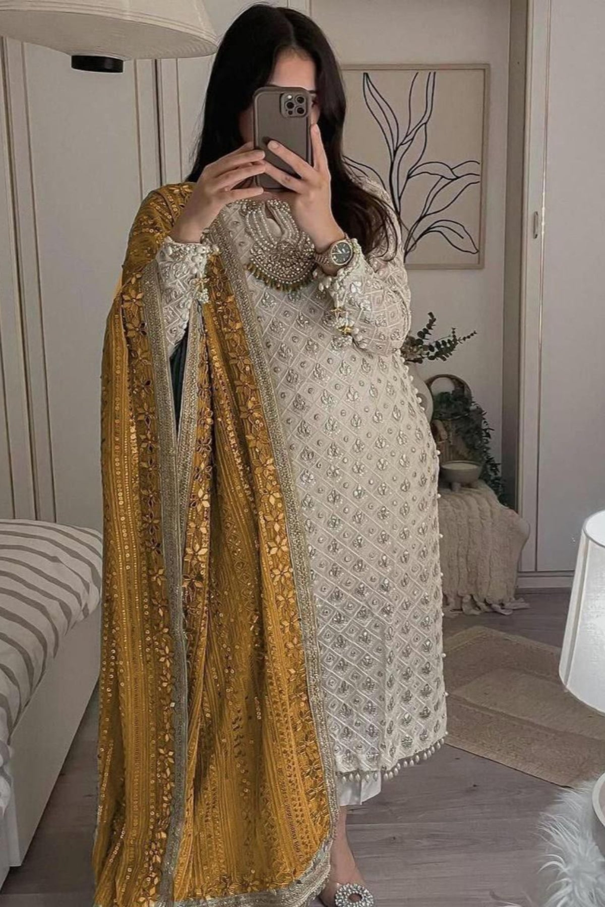 Pure Faux Georgette Top & Dupatta Set With Pant Mustard