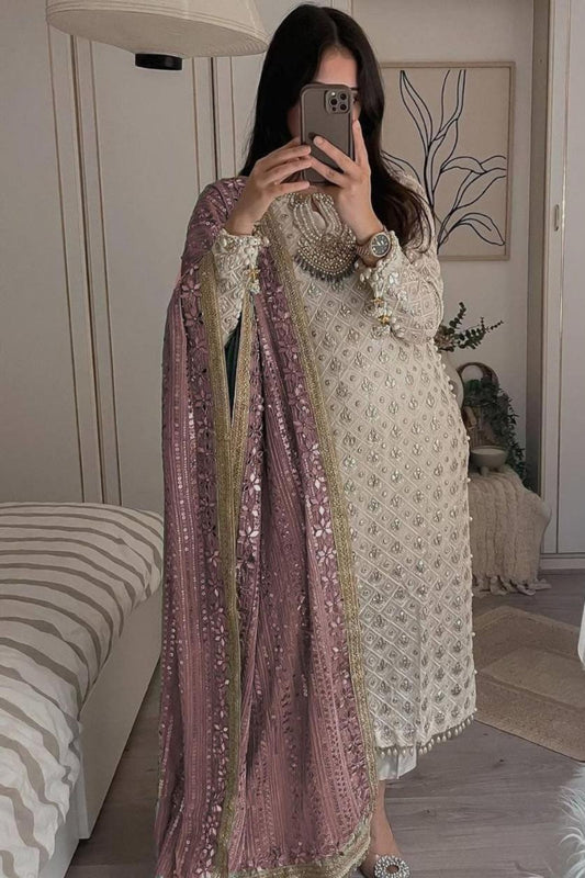 Pure Faux Georgette Top & Dupatta Set With Pant Purple